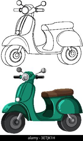 Green vintage motor scooter shown in full color and black and white line art style Stock Vector