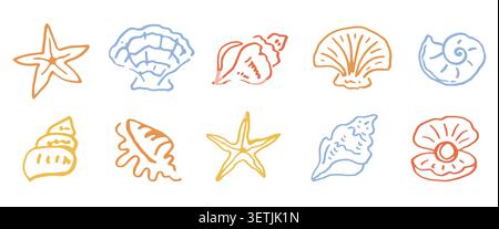 Sea shell elements set starfish, clam, conch icons Stock Vector