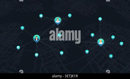 People network connection on dark city map with service location pins and dotted lines. Vector illustration. Stock Vector