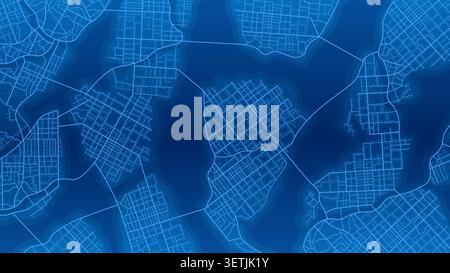 Top view blue city map layout showing urban districts connected by bridges over water. Vector illustration. Stock Vector