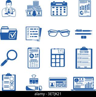 Set Auditing, Tax process calculation, Business Accounting icons in flat style. Calculator, Magnifying Glass, Auditor, financial reports and Tax form. Stock Vector