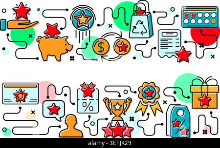 Loyalty Program and Customer Retention banners with colored line icons. Customer rewards with bonuses. Gift, discount coupons, bonus growth, exchange Stock Vector