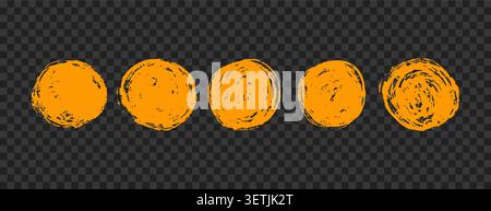 Set of circular grunge stamps in orange. Japanese suns design. Hand drawn squiggles, splashes, and grainy distress on transparent background. Vector Stock Vector