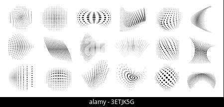 Dotted halftone abstract shapes with warped 3D dot waves, optical geometric illusion vector elements in black and white for futuristic technology, mot Stock Vector