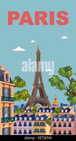 Retro style illustration of the Paris skyline with iconic landmarks and colorful architecture Stock Vector