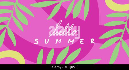 Hello Summer tropical leaves lettering on pink abstract background Stock Vector
