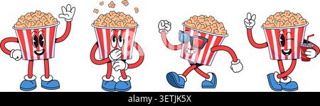 Cartoon popcorn characters. Pop corn retro groovy cinema theater food mascot, happy comic character paper red striped cup funny face hands legs, y2k qualitative vector illustration original artwork Stock Vector