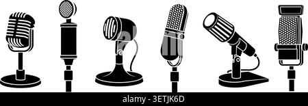 Retro microphones logo. Record studio mic black silhouette, audio podcast voice song recording retro old mike radio broadcast music singer interview qualitative vector illustration original artwork Stock Vector