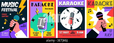Karaoke microphone posters. Sing open mic flyer, night club music party poster vintage retro fun design concert stage song festival vocal event set qualitative vector illustration original artwork Stock Vector