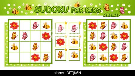 Sudoku crossword children education puzzle game. Find missing butterfly, honey bee flying, garden flower plant. Complete grid. Kids learning worksheet Stock Vector