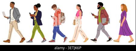 Set of diverse people walk side view Stock Vector