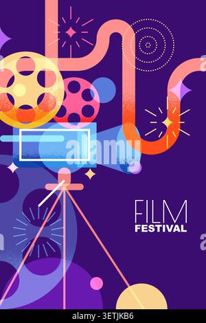 Vector flat geometric illustration of movie projector and film reels. Film festival banner. Design elements for movie night posters, video streaming s Stock Vector