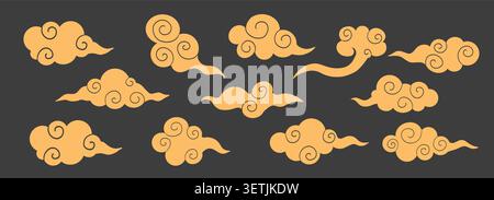 Asian traditional golden cloud set wavy curly ornament on dark background. China ornament, eastern decoration doodle, line. Clouds flow with the wind in the sky. Vector illustration Stock Vector