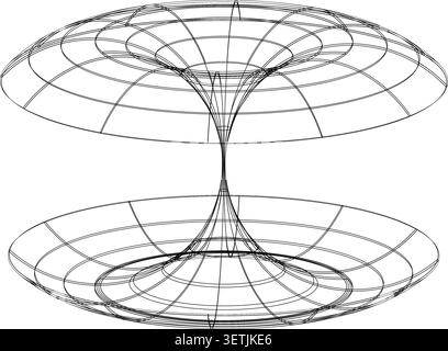Futuristic 3D wormhole visualization abstract tunnel through spacetime, symbolizing cosmic travel, relativity, and time distortion in science Stock Vector