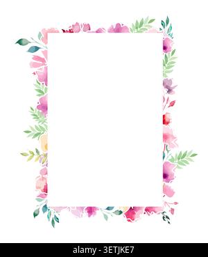 Rectangular frame postcard with watercolor flowers . Hand drawn. Not AI, vector illustration. Stock Vector