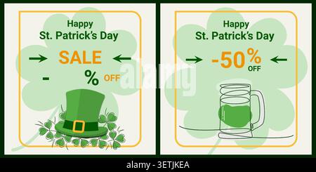 Promotional template set with sale banners, beer mug graphics and festive Irish holiday elements. Vector illustration Ideal for retail marketing, seasonal campaign, branding packages and promo project Stock Vector