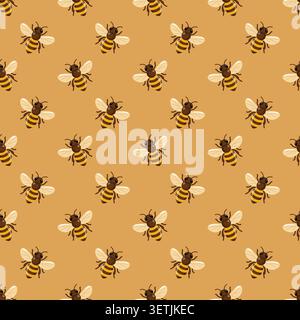 Seamless bee pattern on warm honey background. Cartoon vector print.  Stock Vector