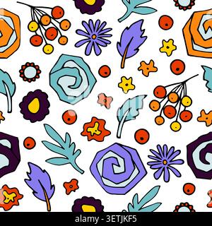 Doodle flowers seamless pattern. Color Autumn plants, buds, berries isolated on white background. Hand-drawn leaves, petals. Decorative signs. Hallowe Stock Vector