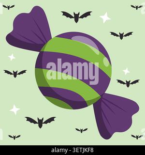 Cute Halloween candy vector element. Spooky sweet treat with stripes, bats, and stars. Isolated graphic asset for festive October holiday design, part Stock Vector