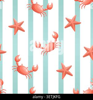 Seamless pattern with crabs and starfish on striped background Stock Vector