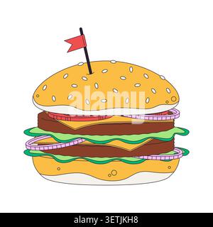 Double cheeseburger topped with small flag 2D cartoon object Stock Vector