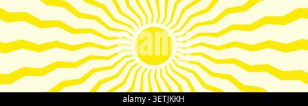 Groovy, hippie, retro sun background. Abstract hand drawn doodle sunshine shapes in trendy childishly, naive art style. Horizontal wavy summer poster, Stock Vector