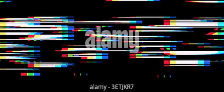 Tv effect noise for glitch pixel digital and texture pattern background. Vhs font game for line camera retro and screen 80s overlay. Neon light film f Stock Vector