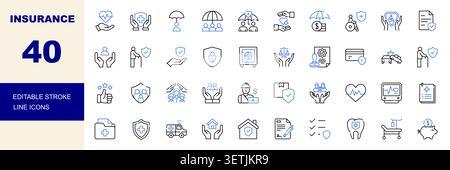 Insurance, Protection and Coverage Line Icons Set Editable Stroke Vector Illustration Stock Vector
