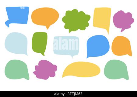 Colorful Speech bubbles with in cartoon doodle style on yellow background. Cloud textbox hand drawn set. Set of text comment box. Speech balloon stick Stock Vector