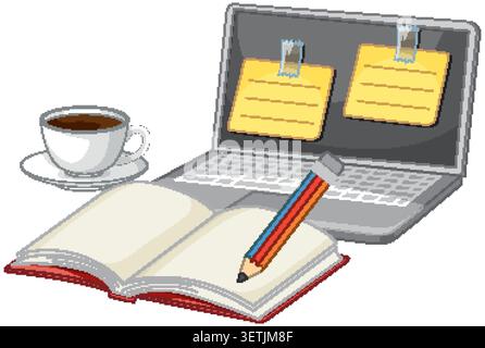 Vector illustration of a laptop, open notebook, pencil, and coffee cup on white background Stock Vector