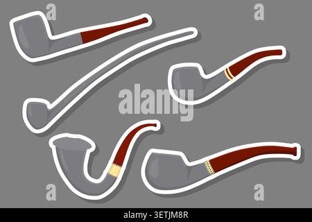 Illustration on theme big colored set different types smoke pipes different size for tobacco, pipe pattern consisting of collection accessory of smoke Stock Vector