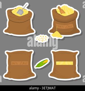 Illustration on theme of big food set from tasty corn flour in large textured sacks, corn flour pattern consisting of savory food in organic eco sacks Stock Vector