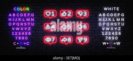 Neon red social media notification bubble set with like, dislike, comment, follow, share and view icons on brick wall. Glowing UI kit includes Stock Vector