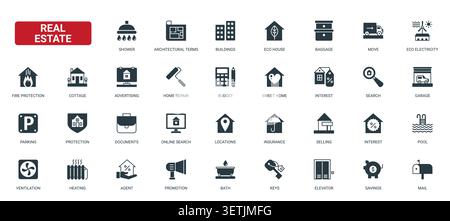 Real estate themed property services and home buying symbols covering housing, repair, insurance, search, moving and utilities for agency branding black solid icons set vector illustration Stock Vector