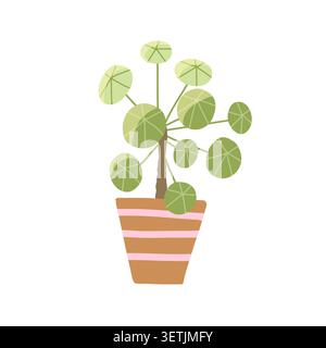 Chinese money plant pilea in ceramic pot. Cute skincare wellness element. Hand drawn vector in simple style Stock Vector