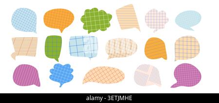Abstract grid paper speech bubbles with grids. Flat speech balloon stickers for dialogue, collage of notebook, and creative paper cut message. School Stock Vector