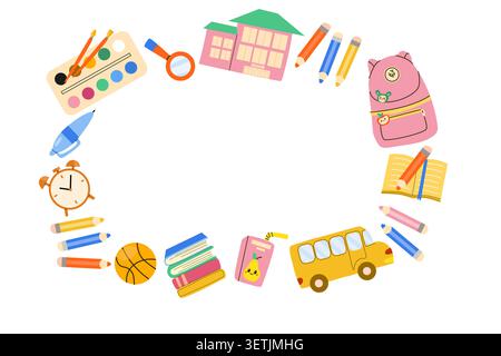 Cute Back to School supplies frame, flat vector illustration isolated on white. School stationery and bus, blackboard and education, science backgroun Stock Vector