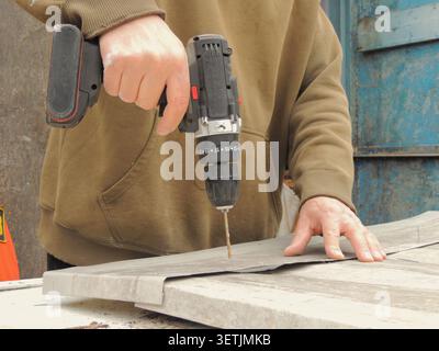 A man holds a cordless screwdriver and presses the trigger, pressing the edge of a metal workpiece against the base. The drilling is done in a thin Stock Photo