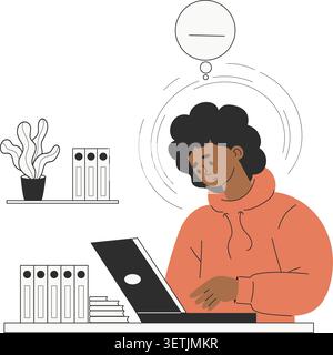Neurodiversity Concept. Autistic Black Woman Working on Laptop Near Organized Stack Files and Books. Mind Focus and Structure. Focused Person at Work. Stock Vector