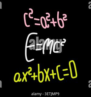Handwritten math formulas and physics equations on black background. Neon style vector illustration with relativity theory, quadratic function Stock Vector