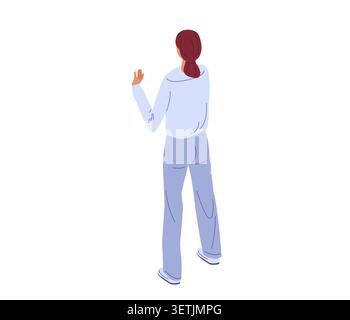 Girl standing with back facing viewer. Arm raised in greeting. Vector illustration for welcome poster, arriva or farewell card Stock Vector
