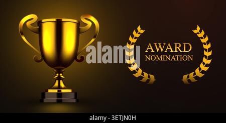 Golden trophy cup with laurel wreath for award nomination. Premium victory symbol for business. Vector illustration Stock Vector