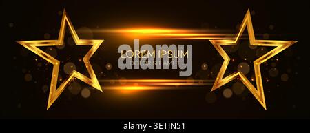 Golden stars frame on a dark luxury background with glowing light particles. Vector illustration Stock Vector