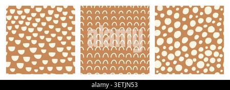Bohemian baby pattern set with abstract rainbows, half circles and playful dots in warm neutral tones. Hand drawn vector seamless backgrounds for nursery decor, fabric, textiles, and kids products. Stock Vector