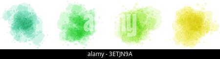 Green watercolor spot set. Liquid watercolour textured splash effects. Greenish shade color round ink or paint brush stroke shape elements. Soft wet or dry splatters, blobs, stains, drops. Vector Stock Vector