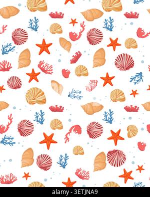 shells and starfish, corals and bubbles, seamless marine pattern. Vector illustration. The drawing of marine life is hand-drawn. for textiles Stock Vector
