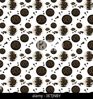 Citrus mulled wine spice seamless pattern with dried orange slices and star anise on white background. Line art vector illustration of Christmas Stock Vector