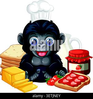 Vector illustration of a smiling baby gorilla wearing a chef hat with breakfast items. Stock Vector