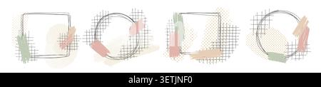 Abstract pastel geometric shapes with hand drawn frames, soft brush strokes and grid textures on a white background, minimal modern design for banners Stock Vector