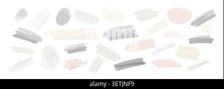 Soft pastel brush strokes and dotted shapes in gray, beige, pink and white on a clean white background. Minimal abstract design with a calm modern Stock Vector